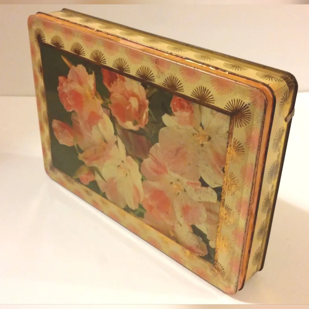 Vintage Floral Tin Box with Pink and Gold Design
